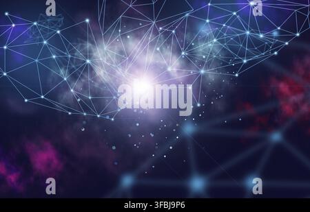 Abstract background with connected lines and dots on a dark blue background. Wireless connection illustration, information exchange Stock Photo