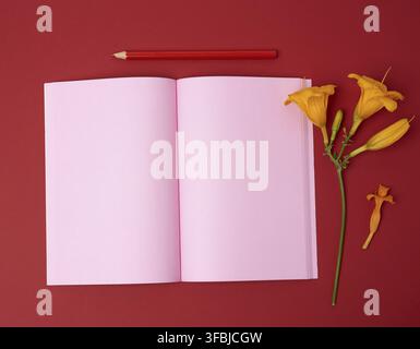 Open notebook with empty pink sheets and yellow flower on a red background, flat lay Stock Photo