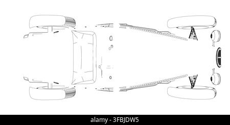 A retro race car blueprint in clean contour line art serves. This sporty illustration features detailed mechanical parts on a plain white background. Stock Vector