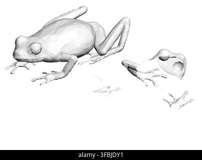 Two low poly white frogs stacked on a white background form a unique geometric set. The intricate polygonal style creates a modern and stylized digita Stock Vector