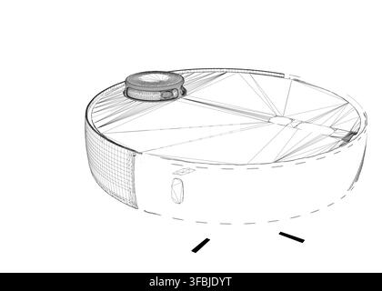 A robotic vacuum cleaner wireframe model in metallic gray, featuring a cylindrical water tank design with a black outline and lid. This 3D object is i Stock Vector