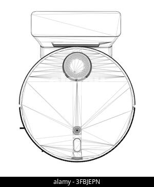 A robot vacuum cleaner wireframe schematic in a black and white sketch style, featuring detailed components like the main body, wheels, and sensors. T Stock Vector