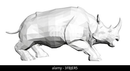 A low poly rhinoceros growls aggressively on a clean white background. Its polygonal form is rendered in striking shades of grey. Stock Vector