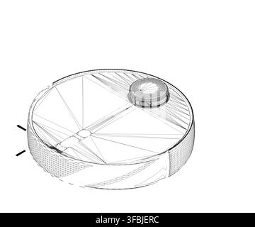 A detailed 3D wireframe model of a robot vacuum cleaner, showcasing its internal components, sensors, and mechanical structure on a clean white backgr Stock Vector