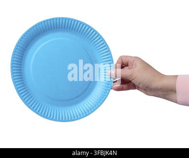 Woman's hand holding a empty round blue paper plate Stock Photo