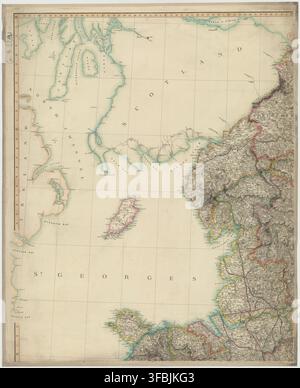 A historical map from 1841 of Northern Ireland and parts of Scotland and England, showing railway lines, with notable locations including the North Channel, Belfast Lough, and Dublin Bay. Stock Photo