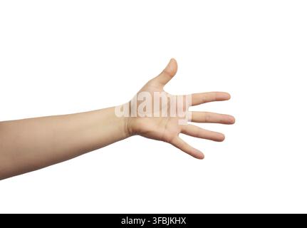 Outstretched hand of man, open hand, part of the body isolated on white background, close up Stock Photo