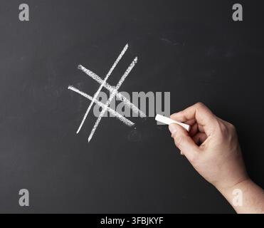 Hand with chalk painted a hashtag on a black chalk board, close up Stock Photo