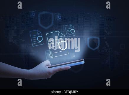Hand holding smartphone, document icons with personal data protection Secure global information exchange on the internet Stock Photo