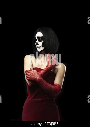 Woman of Caucasian appearance dressed in a red velvet dress, long fishnet gloves. Halloween Skeleton Makeup, Black Background Stock Photo