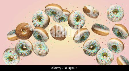 Multiple white glazed donuts with colorful sprinkles falling or flying in a curved path on a gradient pink and yellow background Stock Photo