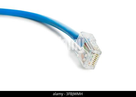 RJ-45 ethernet cable plug closeup isolated over white Stock Photo