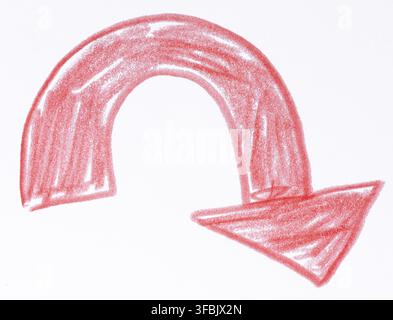 A curved arrow pointing downwards is drawn with a red pencil using dense shading. White background Stock Photo