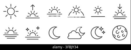 Time of Day and Night line icon set. Sunrise, sunset, morning, noon, evening, twilight, sun, crescent moon and night sky linear minimal vector Stock Vector