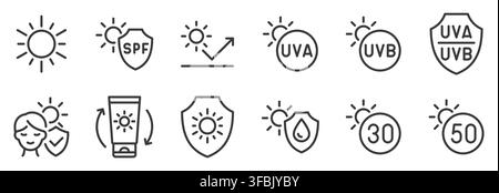 Sun Protection line icon set. SPF, sunscreen, UVA, UVB, broad spectrum, SPF 30, 50, water resistance, skin care linear minimal vector illustration Stock Vector