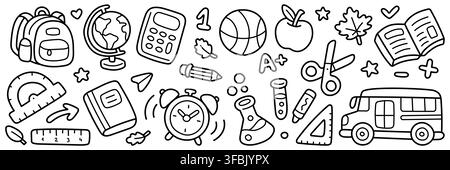 Back to School line icon set. Backpack, globe, calculator, books, pencil, ruler, science and school bus linear doodle vector illustration. Bold easy Stock Vector