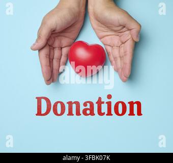 Female hands holds red heart, blue background. Love and donation concept, top view Stock Photo