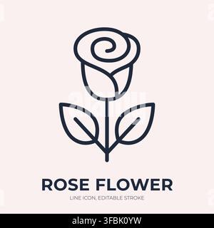 Rose flower line icon. Romantic blossom linear vector illustration. Thin sign of blooming stem with leaves for love, beauty, passion, romance, wedding Stock Vector