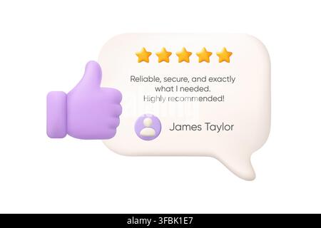 3d testimonial review template shows customer feedback with five star rating speech bubble purple like icon and user profile Stock Vector
