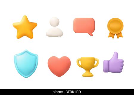 3d testimonial icon set shows rating star customer speech award shield heart trophy and like symbols for review and feedback design Stock Vector