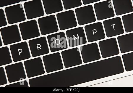Computer keyboard showing keys spelling prompt, representing artificial intelligence, creativity, and idea generation through technology Stock Photo