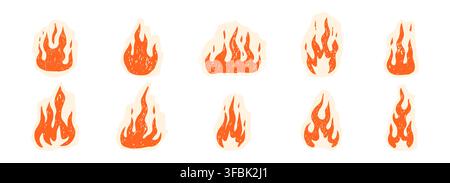 Flame crayon sketch with grunge texture, ideal for Y2K scrapbook projects, bonfire stickers. Paper cutout fire, crayon, chalk texture hand drawn. Hot punk aesthetics with rough flame outlines. Vector illustration Stock Vector