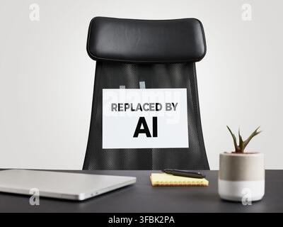 Office chair displaying a replaced by AI sign on its back, symbolizing job displacement and automation by artificial intelligence Stock Photo