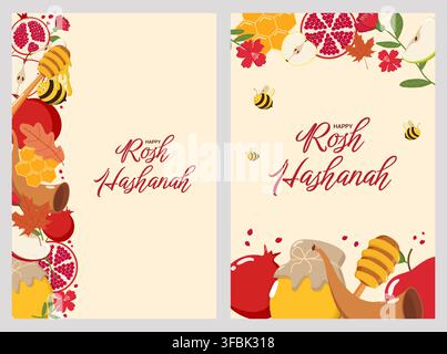Two Rosh Hashanah greeting cards with Happy Rosh Hashanah text, decorated with apples, pomegranates, honey, bees, shofar, Stock Vector