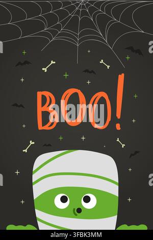 Hand Drawn Boo Text And Green Mummy In Bandages With Cobweb, Bones And Bats. Spooky Vector Pattern For Halloween Decor, Stickers Stock Vector