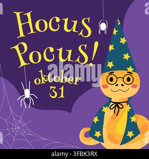 Halloween invitation for october 31 with cute snake dressed as stargazer. Yellow purple background with cobweb and spider. Vector. Stock Vector
