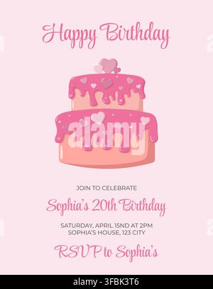 Birthday invitation card with pink cake illustration, heart decorations, and elegant text announcing Sophia s 20th birthday celebration Stock Vector