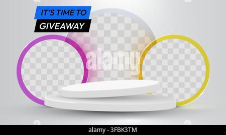 Giveaway social media post template with 3D podium and abstract rings for your product showcase. Vector illustration. Stock Vector