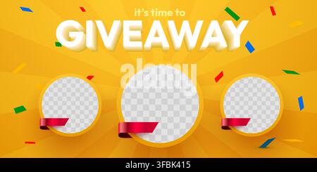 Giveaway contest template with photo frames and confetti. Bright promotional banner background. Vector illustration. Stock Vector