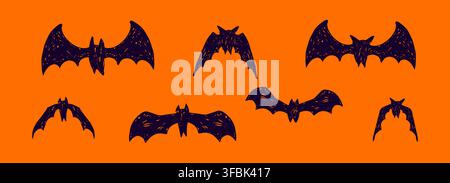 Flying bat, bat flock. Crayon doodle hand drawn set. Dark silhouette halloween decorations. Black gothic Halloween icons with wings spread, ideal for spooky party decor, vampire stickers, and scary s. Vector illustration Stock Vector