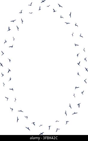Flying birds oval frame. Starling birds flock in the sky template. Frame with empty space for your text Stock Vector