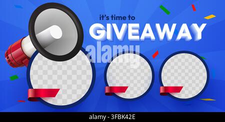 Giveaway announcement banner template with megaphone and photo frames for social media marketing. Vector illustration Stock Vector