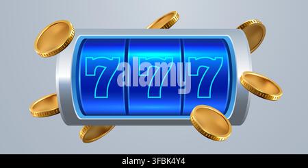 Slot machine reels with lucky seven and falling gold coins. Casino winning concept on gray background. Vector illustration Stock Vector