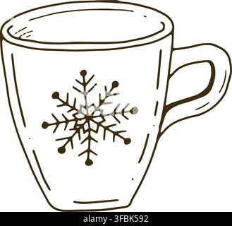 Mug with snowflake drawing, featuring a simple winter design for cards, packaging, textile, wallpaper, stationery, kitchen decor, crafts, labels, menu Stock Vector