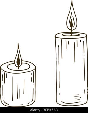 Candle drawing set featuring two burning candles with simple line details, suitable for cards, packaging, textile, wallpaper, stationery, crafts, home Stock Vector