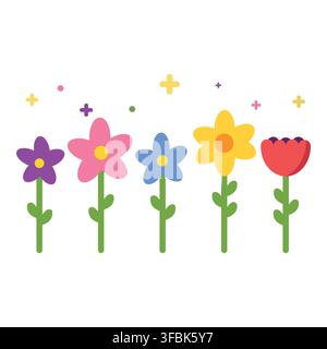 Colorful blooming garden flowers row with bright spring blossom in flat design style creating a cheerful seasonal border Stock Vector