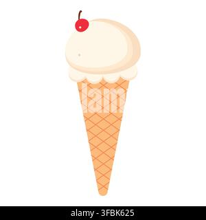 Ice cream cone with a scoop of vanilla flavor and a red cherry. A sweet, refreshing dessert and snack Stock Vector