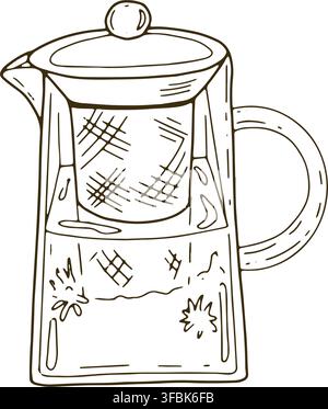 Tea and coffee French press illustration with a decorative hand drawn outline and ornamental details, suitable for packaging, menus, labels, posters, Stock Vector