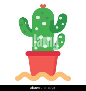 Cactus icon with heart shaped top in a red pot standing in sand, representing desert plants and love Stock Vector