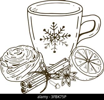 Tea cup drawing with cinnamon roll, lemon slice, cinnamon sticks and star anise, cozy winter illustration for greeting cards, packaging, textile, wall Stock Vector