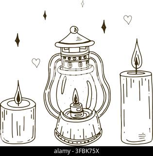 Lantern and candles drawing in vector style with decorative hearts and sparkles, creating a cozy winter atmosphere, suitable for cards, packaging, tex Stock Vector