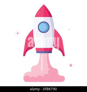 Rocket taking off with a burst of pink smoke, representing new beginnings, progress, ambition, and reaching goals Stock Vector