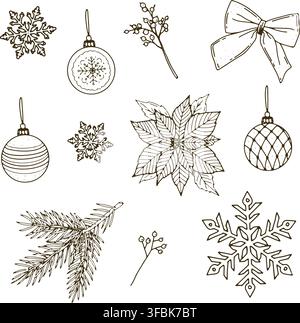 Christmas botanical elements drawing in vector style, featuring pine branch, poinsettia, berries, bow, ornaments and snowflakes, suitable for cards, p Stock Vector