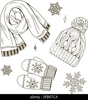 Winter accessories drawing featuring a scarf, knitted hat and mittens with snowflake motifs, detailed line art for Christmas cards, packaging, textile Stock Vector