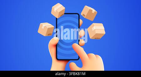 Delivery app concept with a smartphone and cardboard boxes. Online shopping and parcel tracking Vector illustration Stock Vector