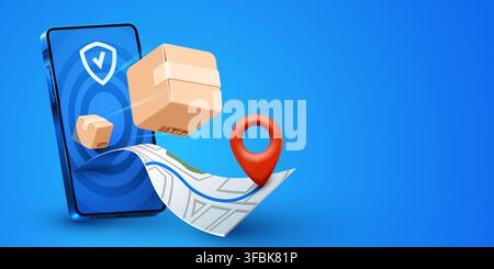 Delivery tracking concept with smartphone and map. Online shipping service on blue background. Vector illustration Stock Vector